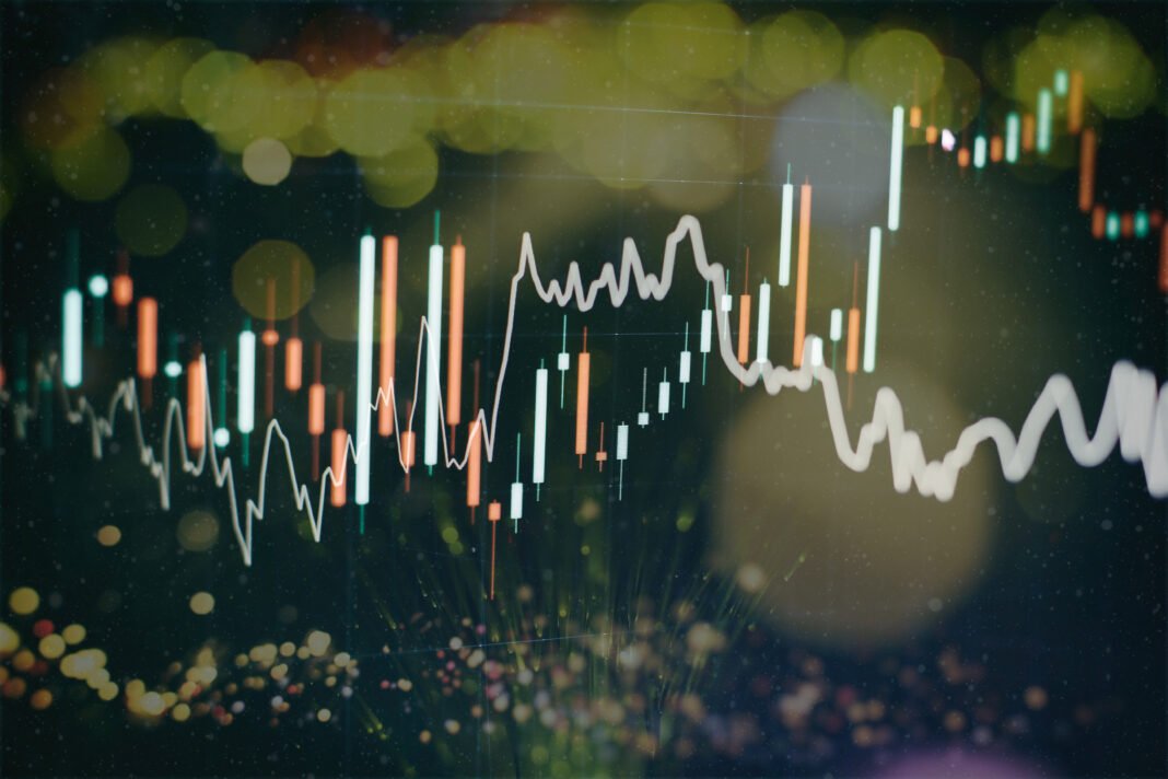data on a monitor which including of Market Analyze. Bar graphs, Diagrams, financial figures. Forex chart.